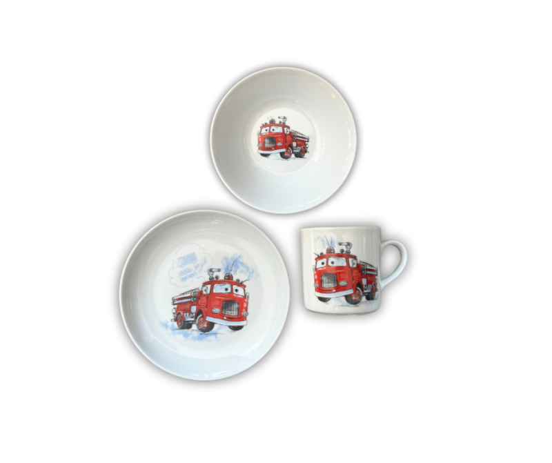 Lasteserviis / lastenõude komplekt Tuletõrjeauto, portselan, 3 osa